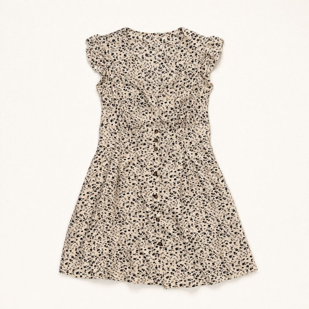Floral Ruffle Sleeve Button Front Mini Dress Cottagecore Boho Cream Black
